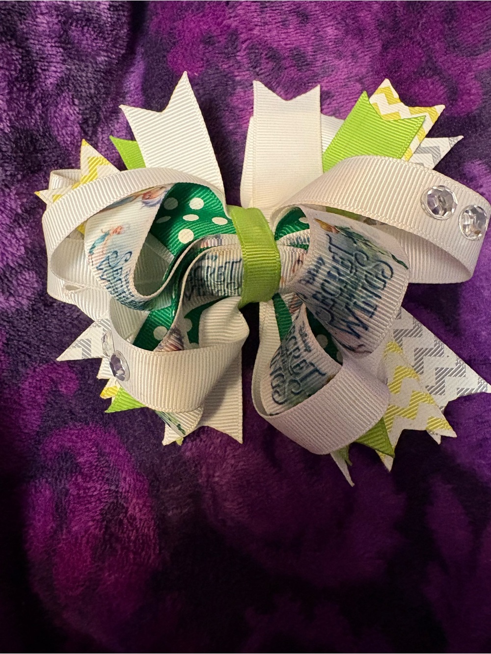 Kids TinkerBell Layered Hair Bow in White and Green